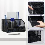 Neudeco Desk Organizers and Accessories, Office Supplies Mesh Desk Organizer Caddy with Drawer 6 Compartments + Pen Holder / 72 Paper Clips Binder Clips Set, Black Desktop Organizer for Home Office - Image 3